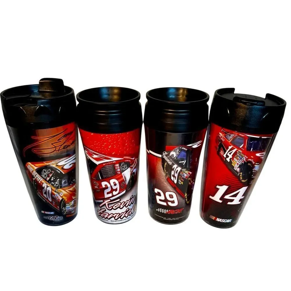 Set of 4 NASCAR-Themed Collectible Travel Mugs Tony Stewart & Kevin Harwick NEW